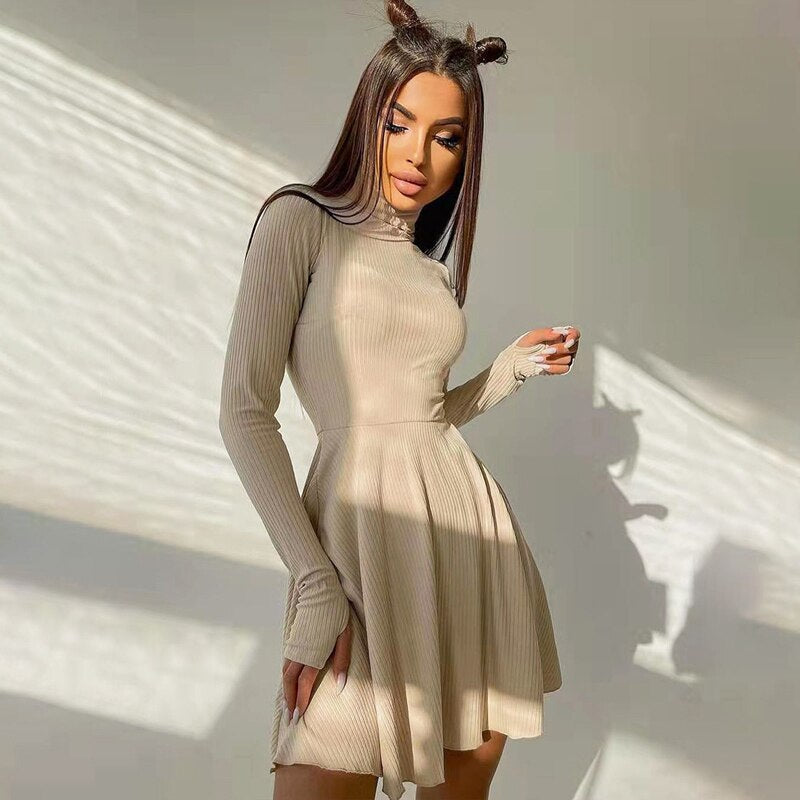 Tossy Women Turtleneck Long Sleeve Elegant Solid Dresses Ladies Knitted Bottoming A-line Pleated Dress Casual Fashion Streetwear