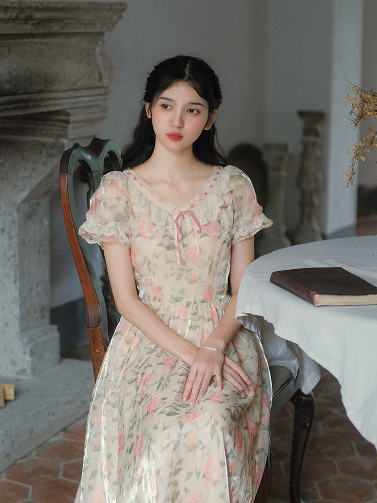 Lizakosht Cottage Mori Girl Print Floral Dress Woman Summer Vingtage French Style Peter Pan Collar Lace Puff Sleeve Dresses Robe Fleurie