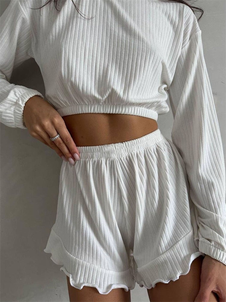 Lizakosht Ribbed Short Sets Women 2 Piece Outfits Vacation Loose Crop Tops Ladies Street Casual Summer Clothing For Woman Suits