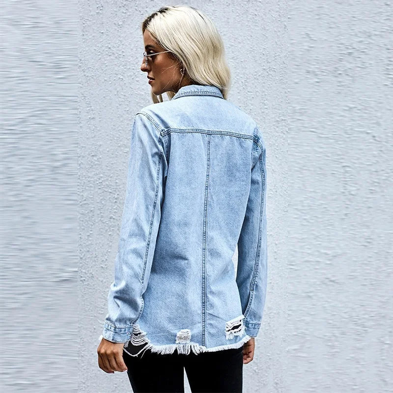 Lizakosht Women's Mid-length Cardigan Coats Casual Temperament Jackets Autumn Winter New Style Washed Frayed Lapel Denim Jacket Female Ins