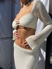 Lizakosht Sexy Crochet Two Piece Set Women Beach Outfits Knit Hollow Out Crop Top Bodycon Long Skirt Sets Vacation Dress Set