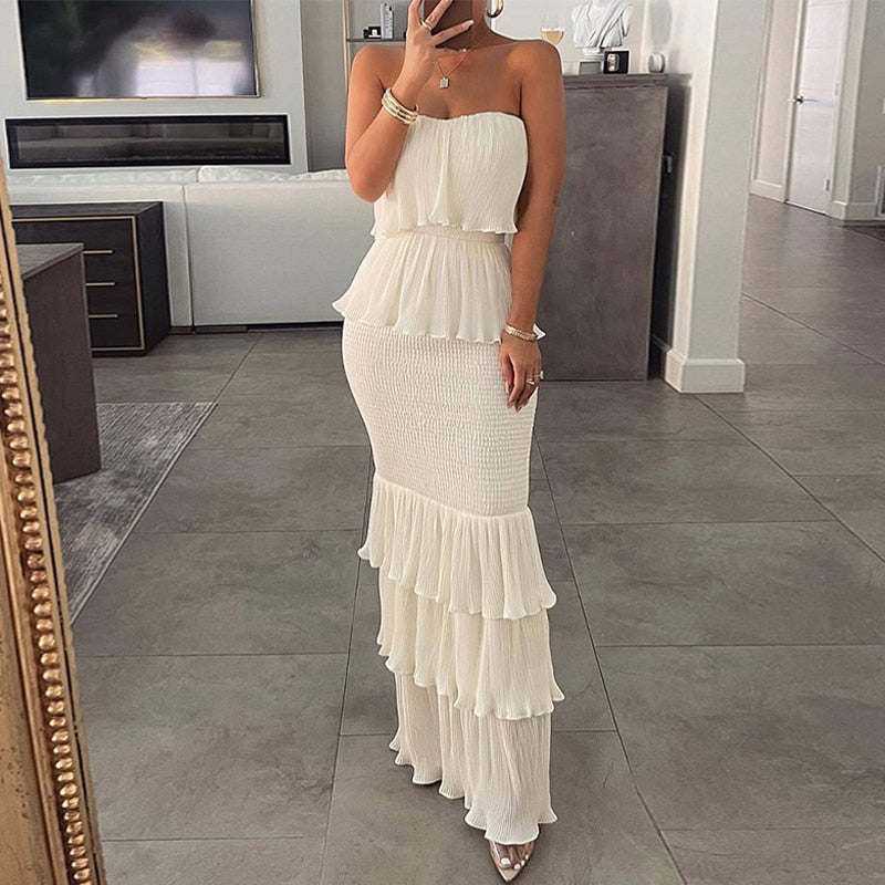 Sexy Sleeveless Wrap Pleated Layered Party Dress Elegant Solid Strapless Ruffle Slim Dress Fashion Chic Sweet Long Mermaid Dress