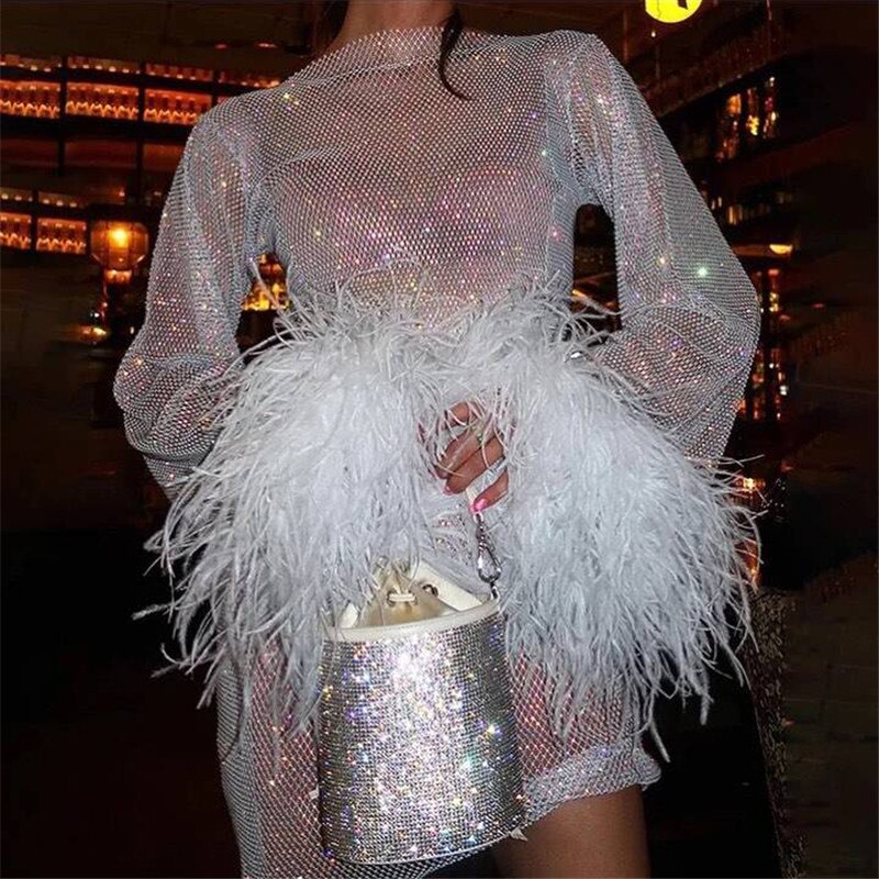 Lizakosht Sexy Bling Mesh Feathers Rhinestone Women Dress Long Sleeves Diamond Fishnet Hollow Out See Through Evening Party Dress