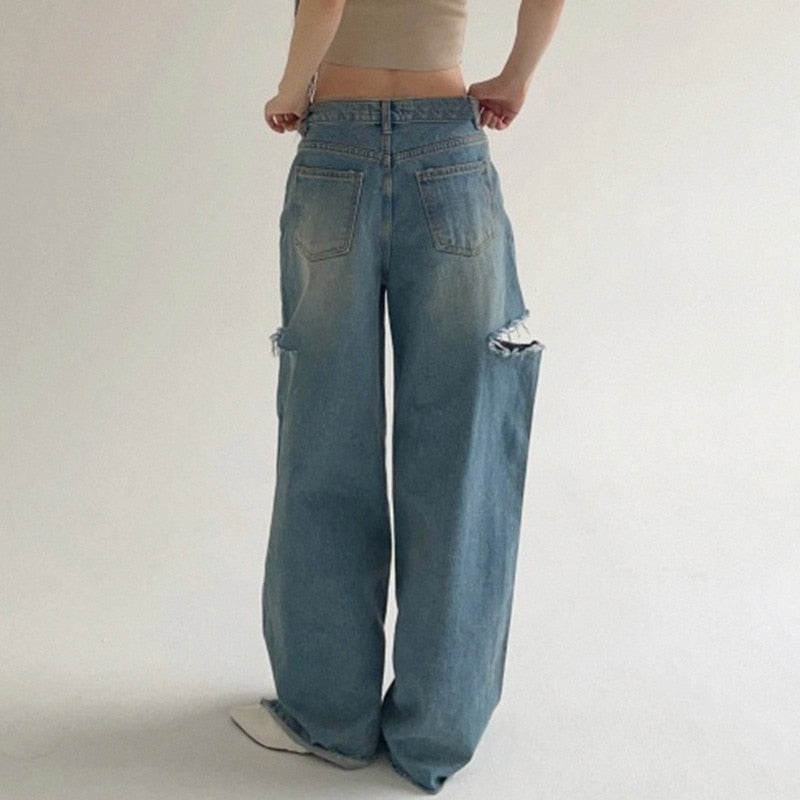 Lizakosht Fashion Hollowed Out Women Baggy Jeans Y2K Streetwear Retro Loose Wide-Leg Overalls Couple Casual Joker Mopping Denim Pants