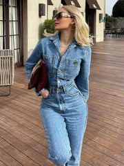 Lizakosht Women 2023 New Chic Fashion Straight Denim jumpsuit Vintage Long Sleeve Female long Jumpsuits Mujer