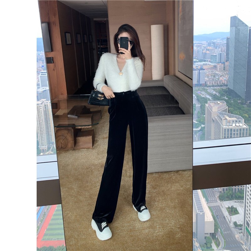 Lizakosht Winter Velvet Elegant Y2k Pants Women Solid Casual Korean Style Wide-legged Pants Loose Casual Designer High-waist Trousers