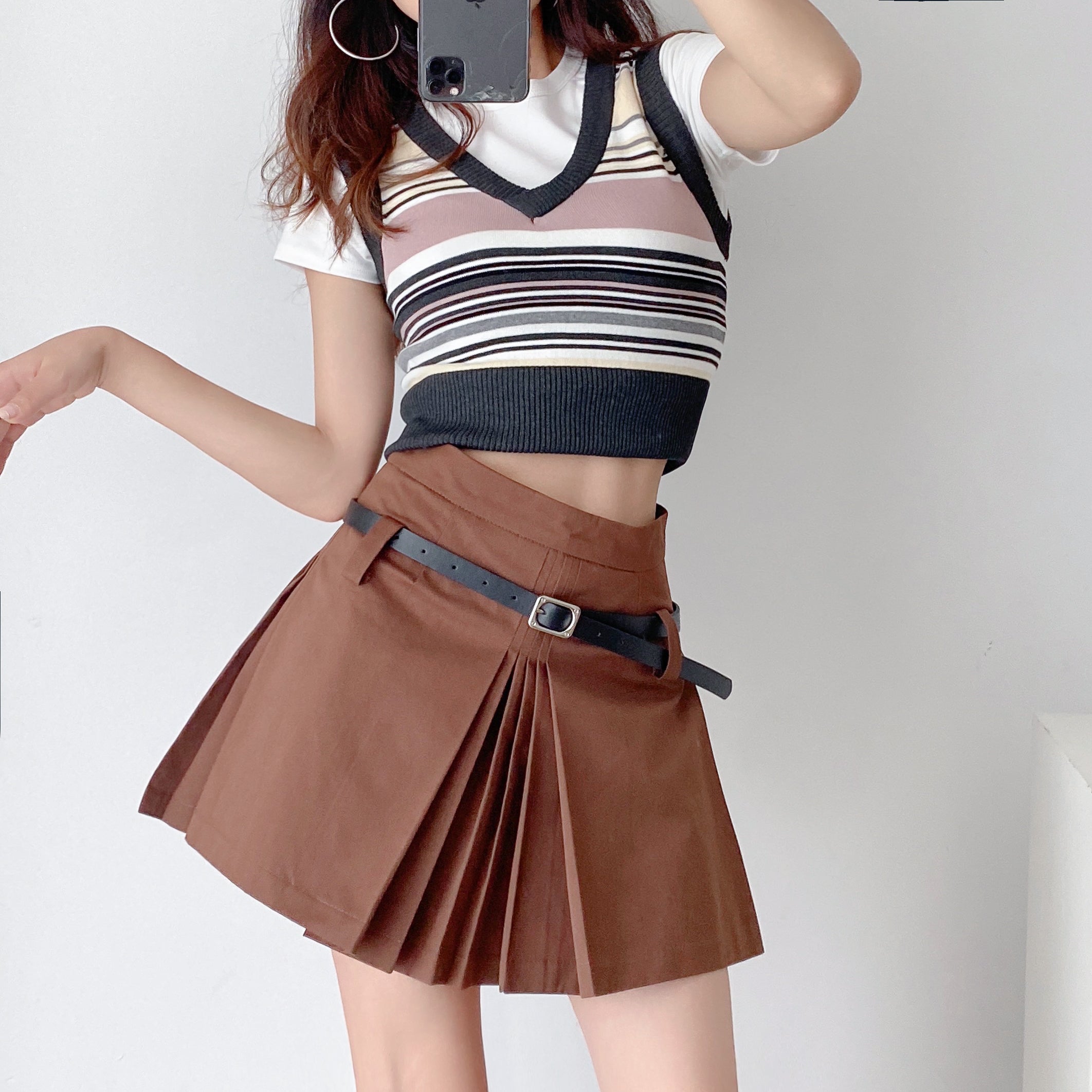 Lizakosht Vintage Summer Front Side Ruched Dropped Pleated Mini Skirt Preppy Style High Waist A-Lined Short Skirts Back Zipper