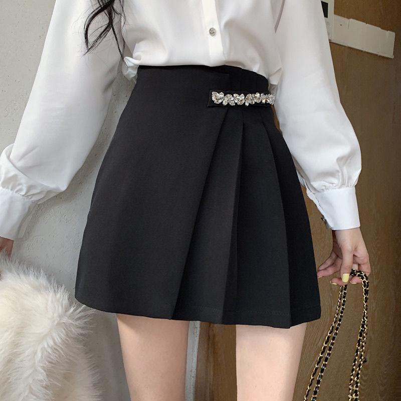 HOUZHOU Black Mini Skirt Women Elegant High Waist Rhinestones Patchwork Irregular Pleated Skirt Korean Fashion Office Wear Women