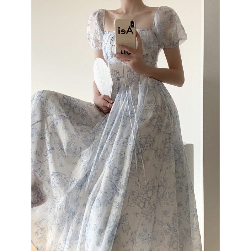 Lizakosht Korean Style Women Dress New Fashion Spring French Style Sweet Square Collar Puff Sleeve Lace-up Elegant Vintage Midi Dress