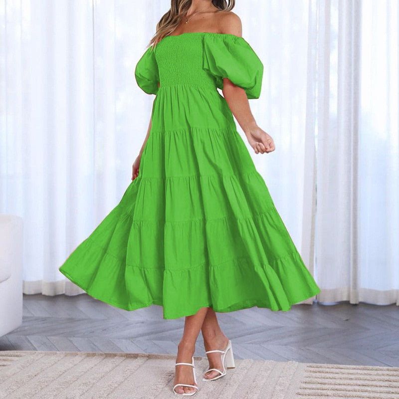 Lizakosht Elegant Pleat Short Sleeve One Shoulder Loose Dresses Chic Casual Solid Big Hem Long Dress Summer Women Waist Party Dress