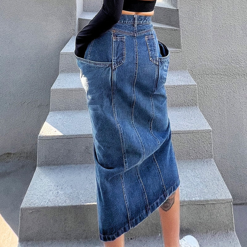 Lizakosht  Blue Midi Denim Skirt Women's 2022 Spring Summer New Design Blue Exaggerated Large Pockets Slit Fashion Mid Calf Denim Skirts