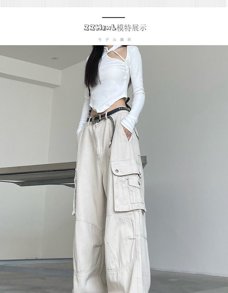 Solid color cargo pants women 2022 new American retro heavy industry multi-pocket loose wide-leg casual mopping y2k pants womens