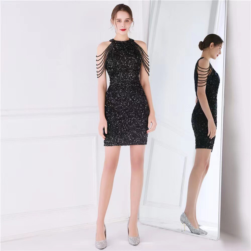 Elegant Chain Sequin Slim Dress Summer Women Fashion Hollow Out Off Shoulder Skinny Club Dresses Ladies Sleeveless Party Dress