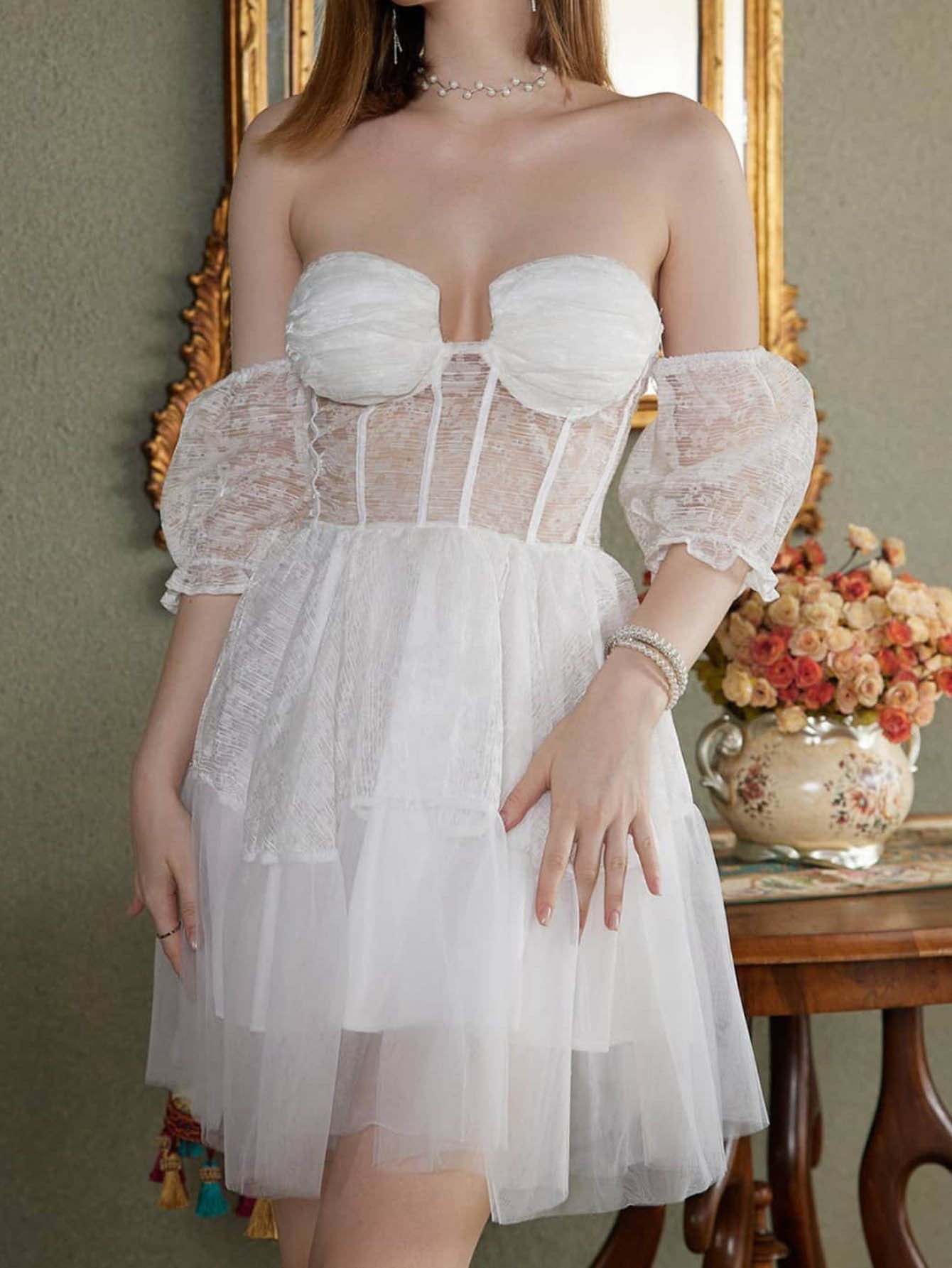 Lizakosht New Women'S V-Neck Strapless Sexy Lace Mini Princess Dress Lady White Bridesmaid Formal Prom  Evening Party Dresses Vestido