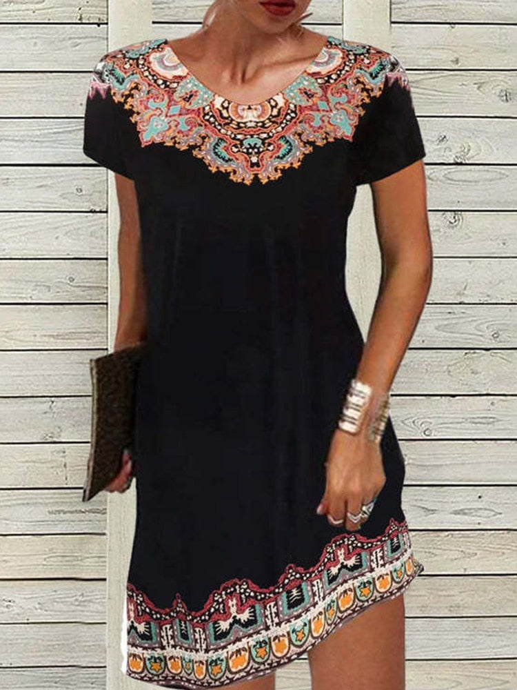 New Casual Short Sleeve A-Line Party Dress Summer Women Sexy V-Neck Loose Straight Dress Vintage Ethnic Pattern Print Mini Dress