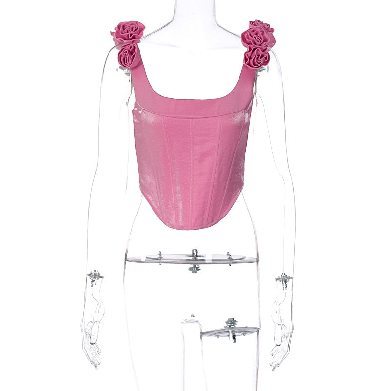 Lizakosht Flower Slim Fit Tank Top Women Clothing Fish Bone Vest Female Beach Sleeveless 3D Decoration Crop Tops Women's
