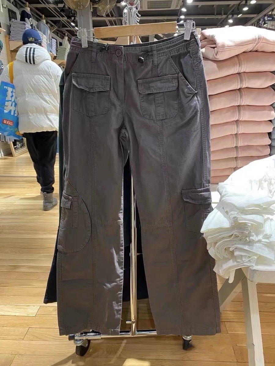 Lizakosht Vintage Casual Green Cargo Pants Women Spring Solid Adjustable Elastic High Waist Straight Pants Retro Streetwear Y2k Trousers