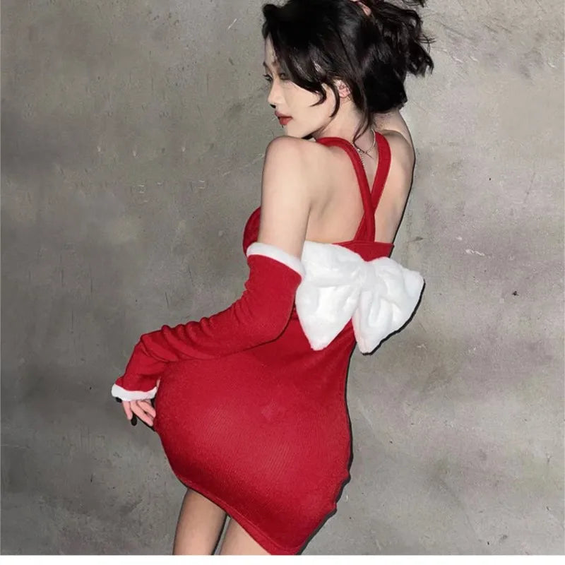 Lizakosht Women Elegant Halter Off Shoulder Red Christmaa Party Dress Female Vintage Sexy Slim Bodycon Mini Dress Long Sleeve Dress