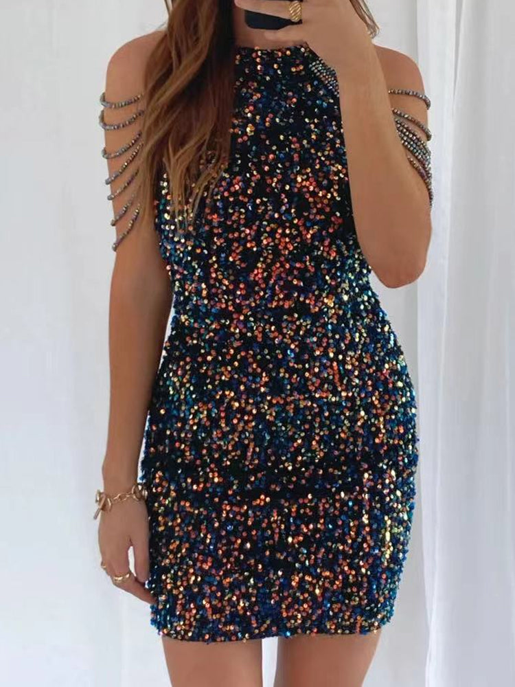 Elegant Chain Sequin Slim Dress Summer Women Fashion Hollow Out Off Shoulder Skinny Club Dresses Ladies Sleeveless Party Dress