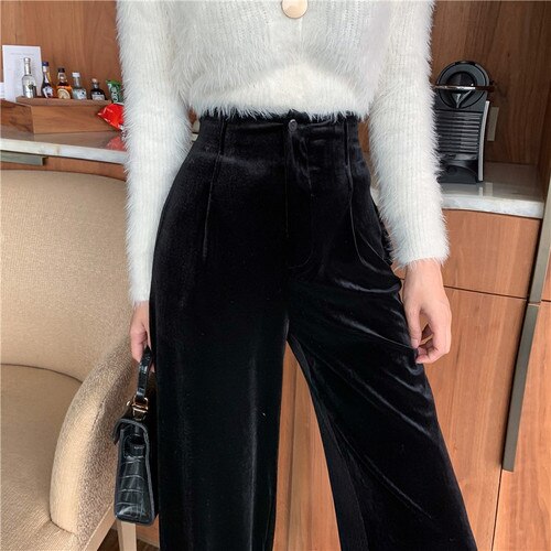 Lizakosht Winter Velvet Elegant Y2k Pants Women Solid Casual Korean Style Wide-legged Pants Loose Casual Designer High-waist Trousers