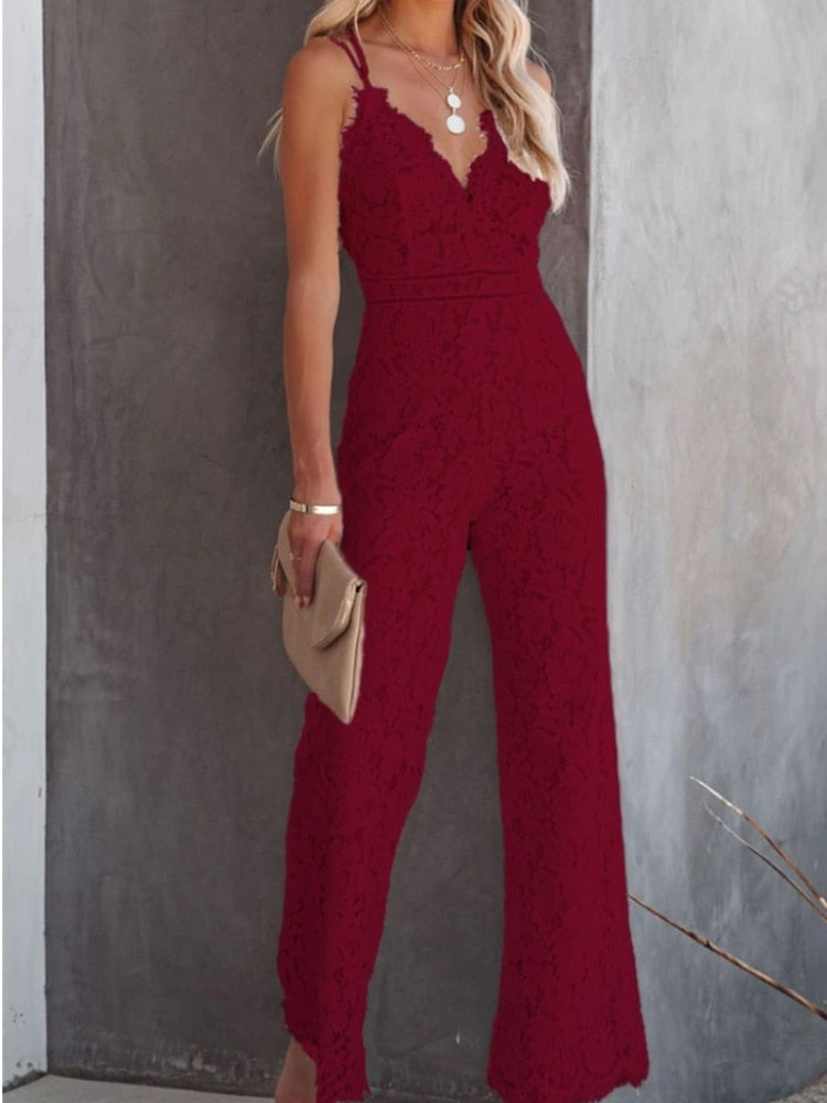 Lizakosht  Solid Color Lace Stitching Sleeveless Casual Suspender Jumpsuit Sexy Streetwear  Jumpsuit Women Jump Suits for Women Jumpsuits