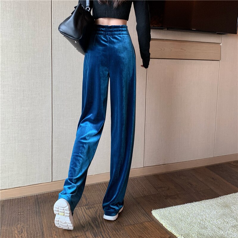 Lizakosht Winter Velvet Elegant Y2k Pants Women Solid Casual Korean Style Wide-legged Pants Loose Casual Designer High-waist Trousers