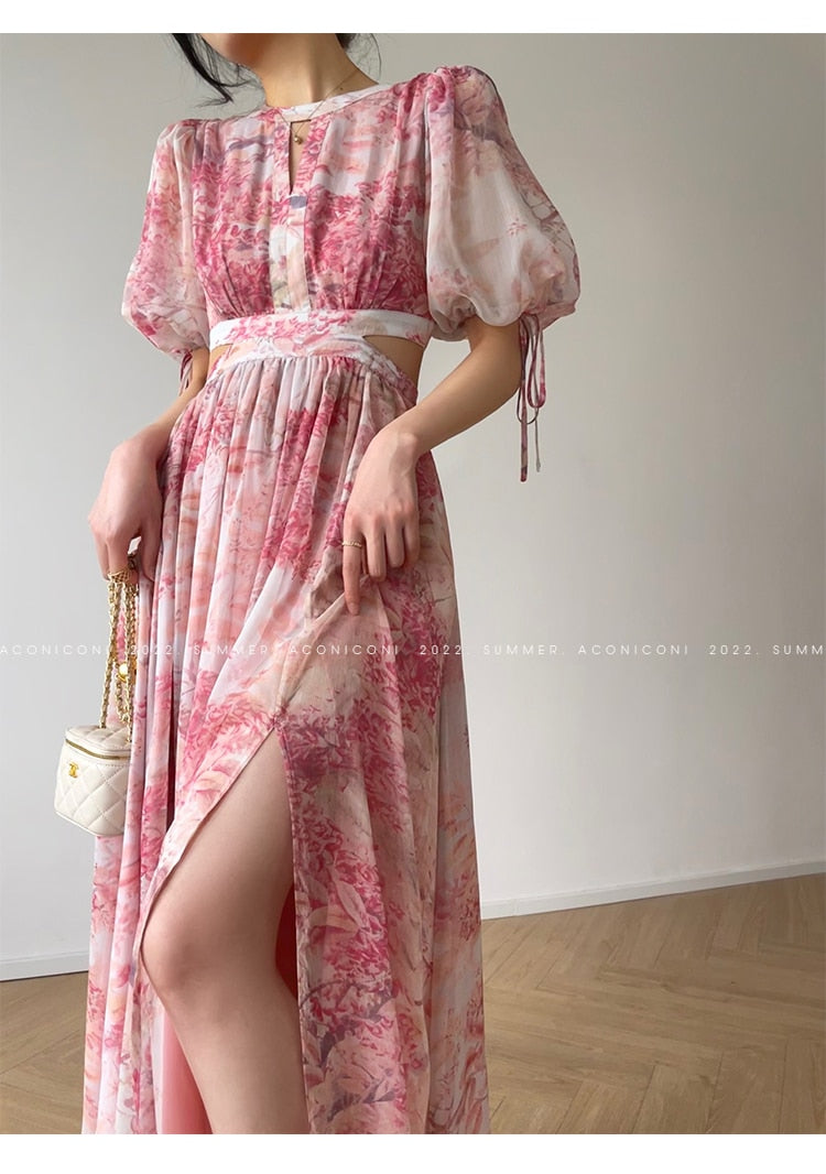 Lizakosht Mid-Length Dress Women Fashion O-neck Ladies Floral Elegant Puff Sleeve Slim Casual Printed Dress 2023 Summer Female Clothing