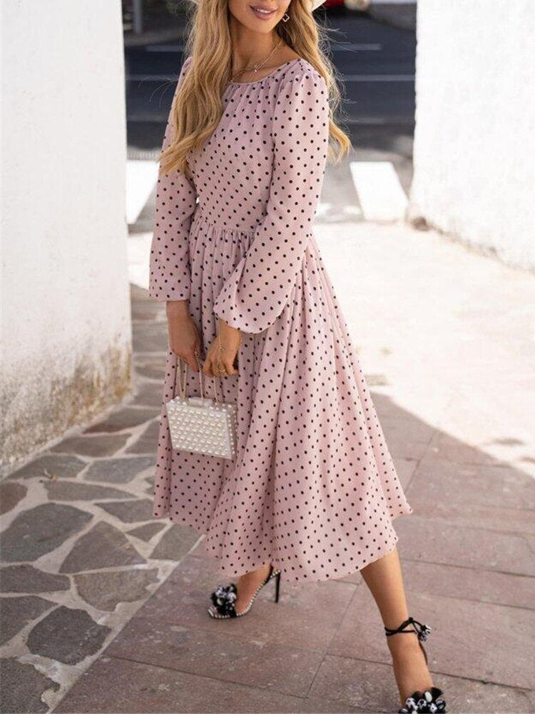 Spring Elegant O-Neck Long Sleeve Midi Dress Elegant Casual Dot Printed Pleat Dress Women Office Commute Backless Zipper Dresses