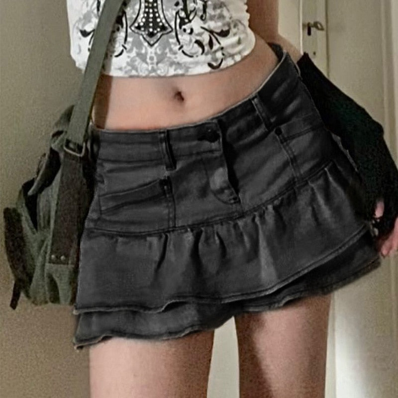 Lizakosht Grunge Y2k Denim Skirt Women Harajuku Style Gothic Low Waist Ruffle Patchwork Sexy Micro Mini Skirt E Girl Streetwear