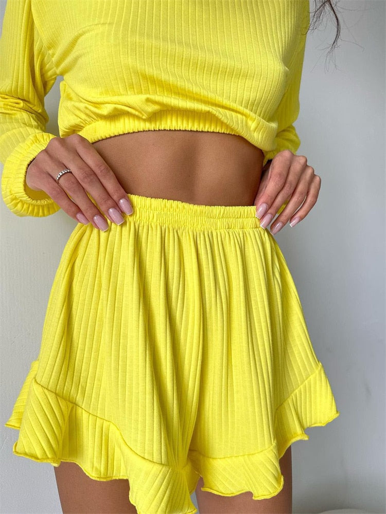 Lizakosht Ribbed Short Sets Women 2 Piece Outfits Vacation Loose Crop Tops Ladies Street Casual Summer Clothing For Woman Suits