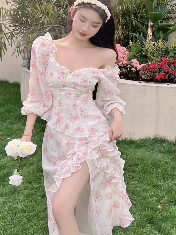 Sweet Slim Waist Split Ruffles Fairy Summer Dresses For Women Fashion Floral Print Boho Beach Vacation Long Dress Party Vestidos