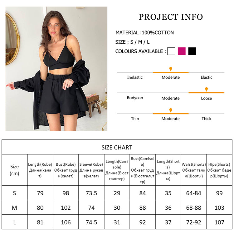 Cotton Sleepwear Set Woman 3 Pieces Spaghetti Strap Underwear Set Full Sleeves Loungewear Women Suits With Shorts Female