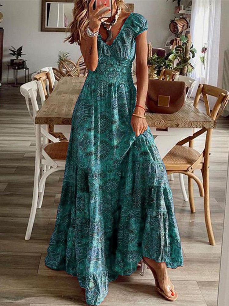 Lizakosht Casual Short Sleeve V Neck Waist Dress Ladies Vintage Floral Printed Long Dress Summer Women Fashion Loose Ruffle Dresses