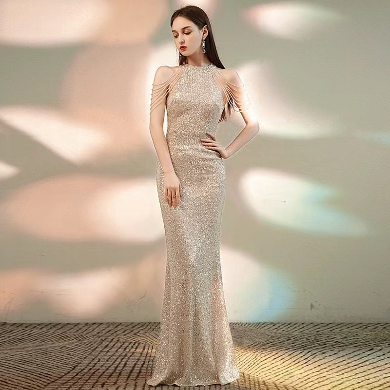 Elegant Chain Sequin Slim Dress Summer Women Fashion Hollow Out Off Shoulder Skinny Club Dresses Ladies Sleeveless Party Dress