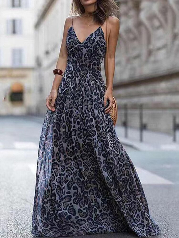 Summer Elegant Off Shoulder Long Party Dress Sexy V Neck Leopard Print Sling Dress Fashion Women Wrap Waist Hem Slim Robe Dress