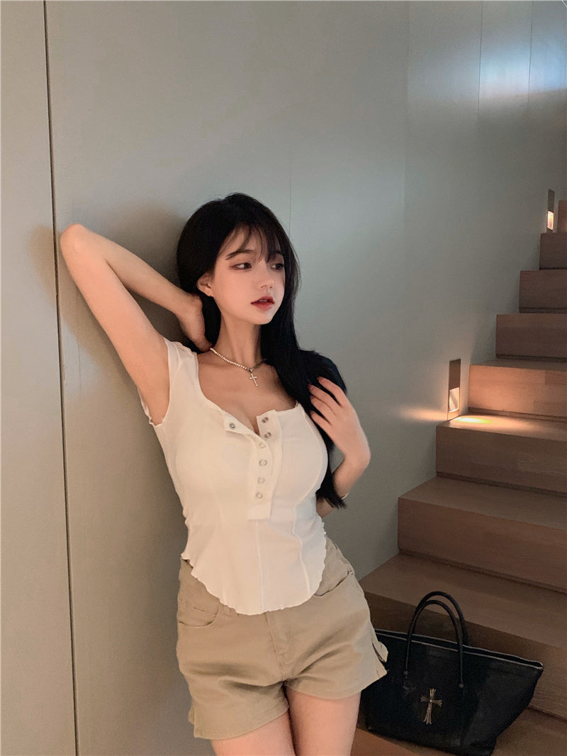 Irregular Waist Y2k T-shirt Short Slim Bottoming Summer T-shirt Square Neck Short Sleeve Crop Tops