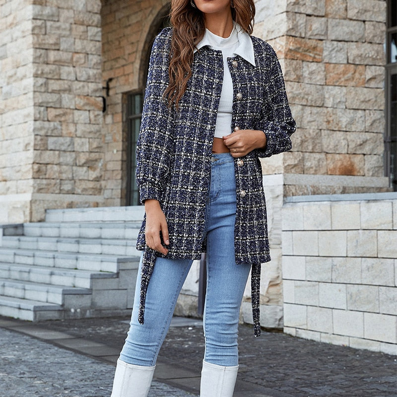 Lizakosht Autumn Winter Jackets Women Retro Tweed Fashion Jacket Korean Version Temperament V-Neck Button Casual Top Coat Ladies