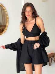 Cotton Sleepwear Set Woman 3 Pieces Spaghetti Strap Underwear Set Full Sleeves Loungewear Women Suits With Shorts Female