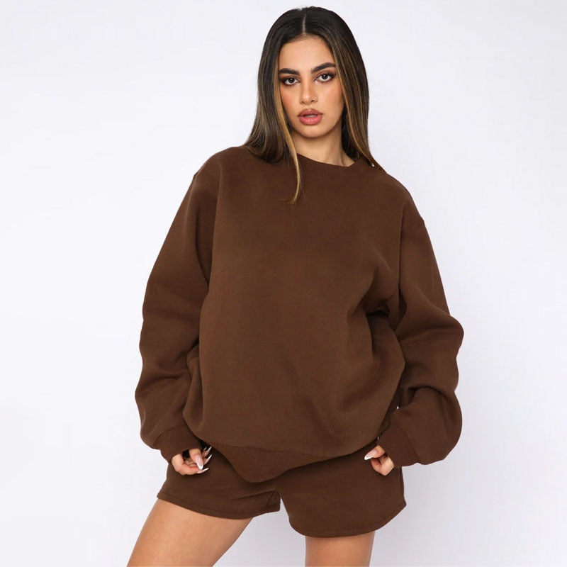 Lizakosht Tracksuit Women Two Piece Set Long Sleeve Sweatshirt Short Pants Autumn Outfits Cotton Solid Female Shorts Suit