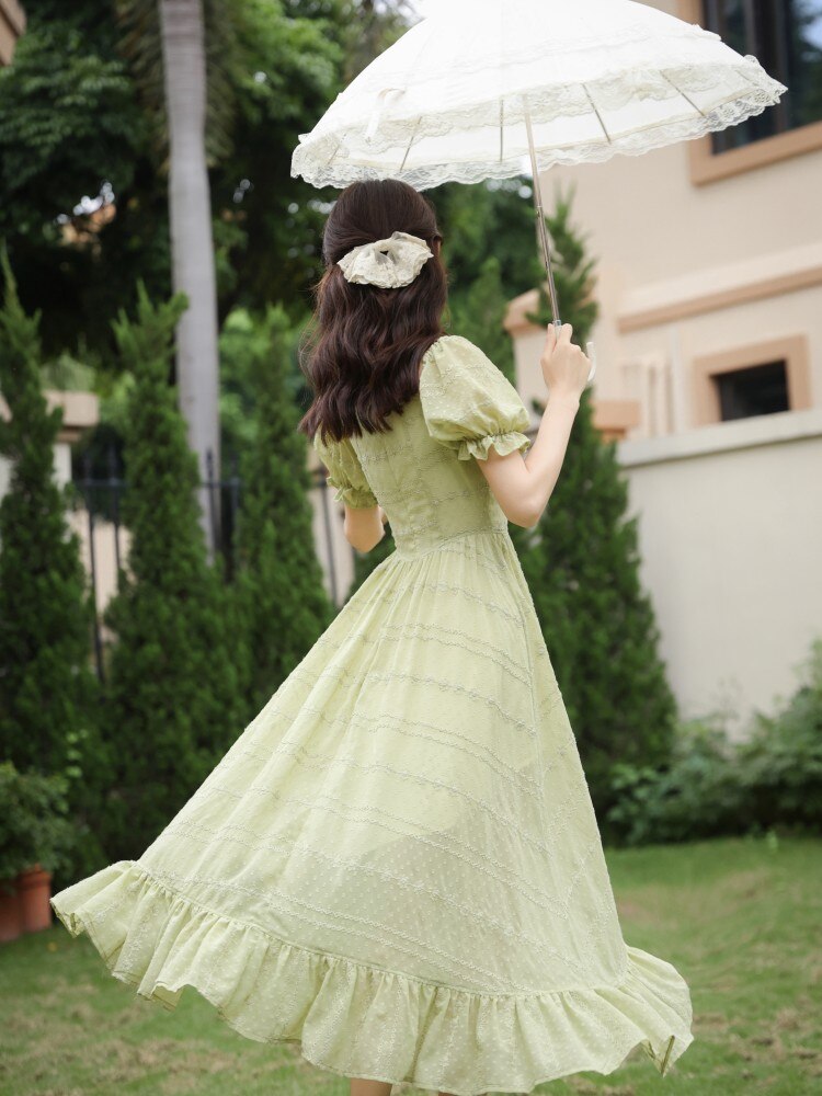 Lizakosht Summer Sexy Lady Green Dress Retro French Style Ruffles Asymmetrical Puff Sleeve Princess Dresses For Party Night Vestido Festa