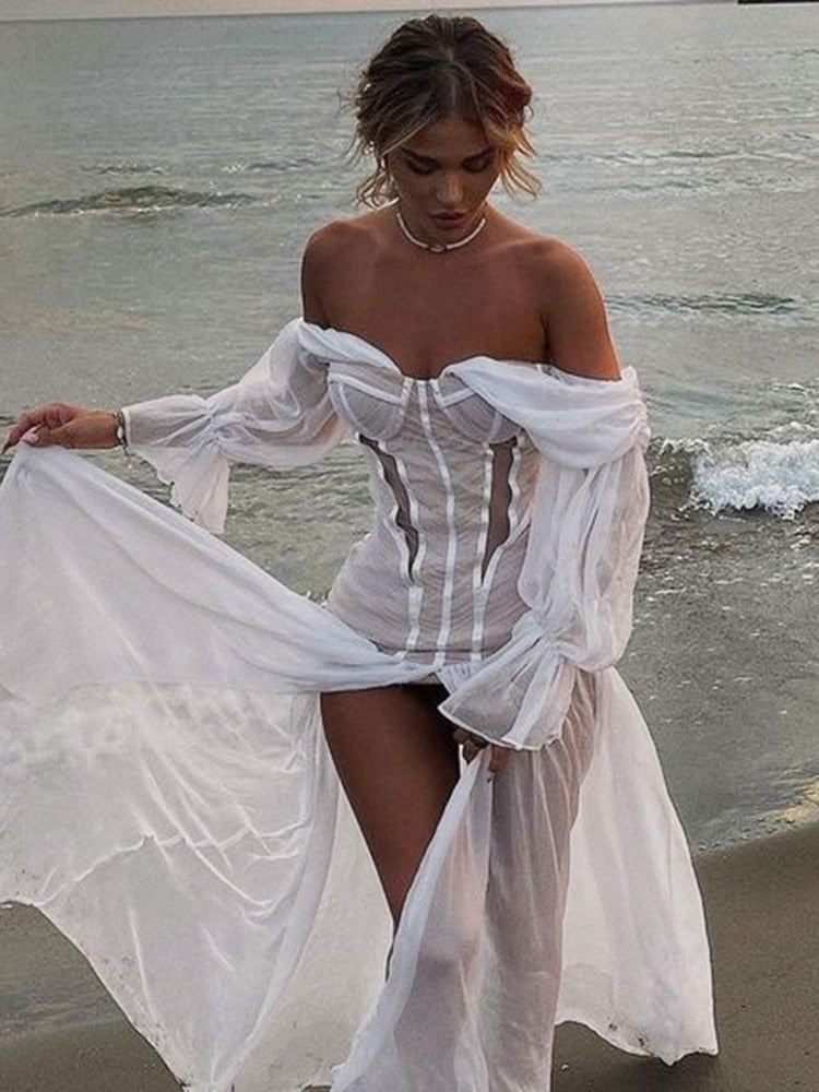 Lizakosht Fashion Off Shoulder White Corset Sexy Beach Mesh Dress Female Stitching Ruched Elegant Party Maxi Dress Split Prom