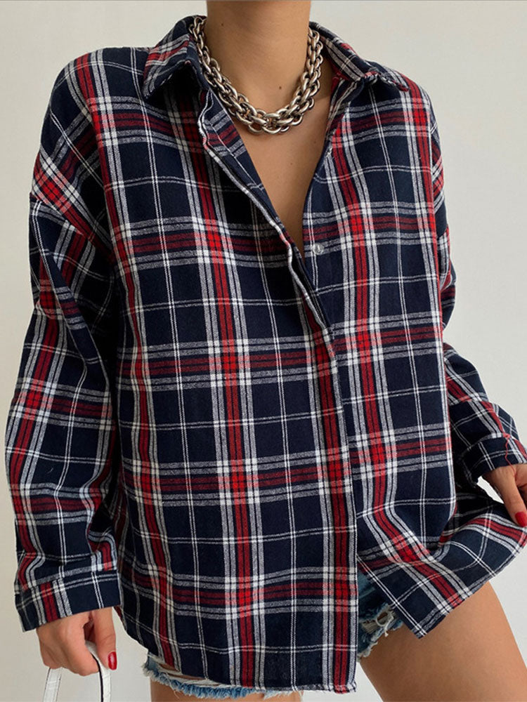 Lizakosht Women Casual Red Plaid Shirt Loose Lapel Single-breasted Mid-length Blouse Autumn Fashionable Ladies Tops Clothes