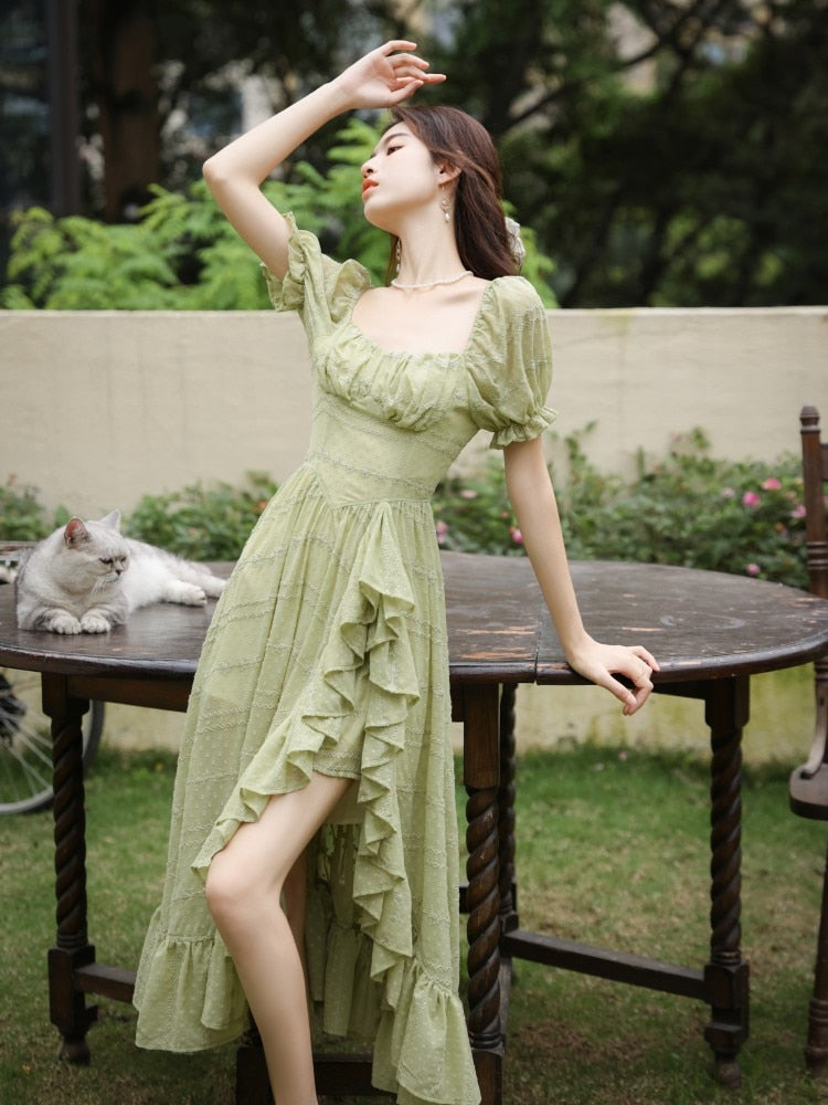 Lizakosht Summer Sexy Lady Green Dress Retro French Style Ruffles Asymmetrical Puff Sleeve Princess Dresses For Party Night Vestido Festa