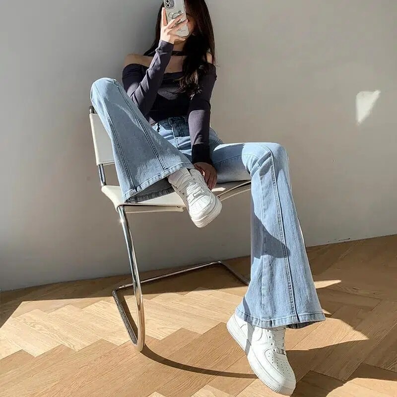 Lizakosht Y2k Women Harajuku Waist Loose Flare Jeans Bottom Straight High Waist Stretch Female Casual Comfort Flare Trouser