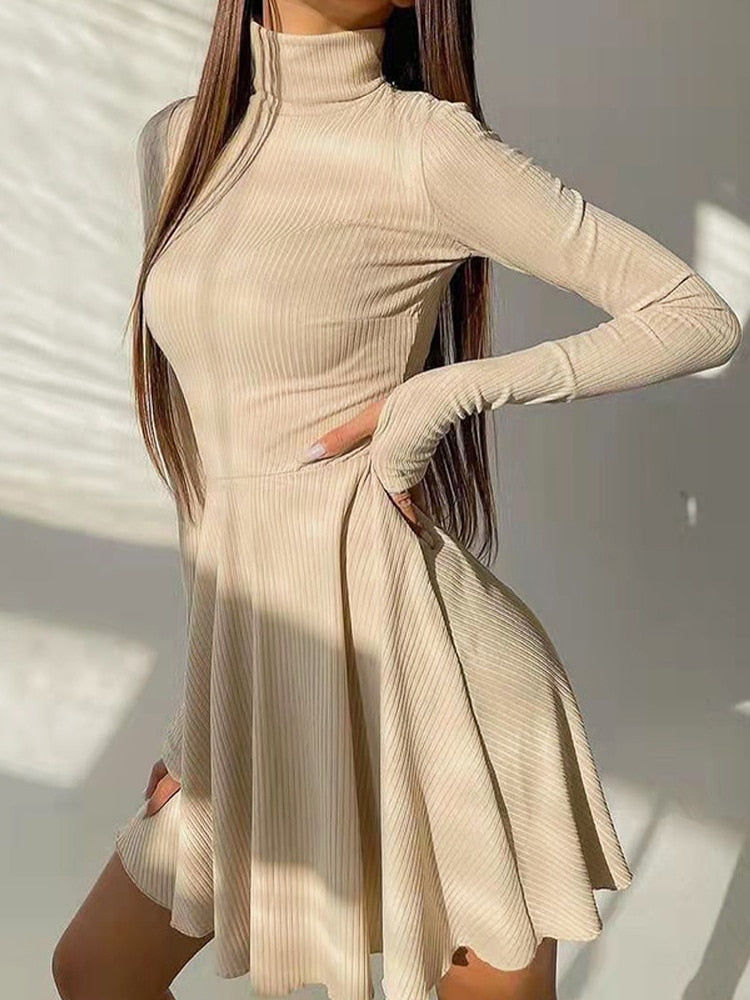 Tossy Women Turtleneck Long Sleeve Elegant Solid Dresses Ladies Knitted Bottoming A-line Pleated Dress Casual Fashion Streetwear