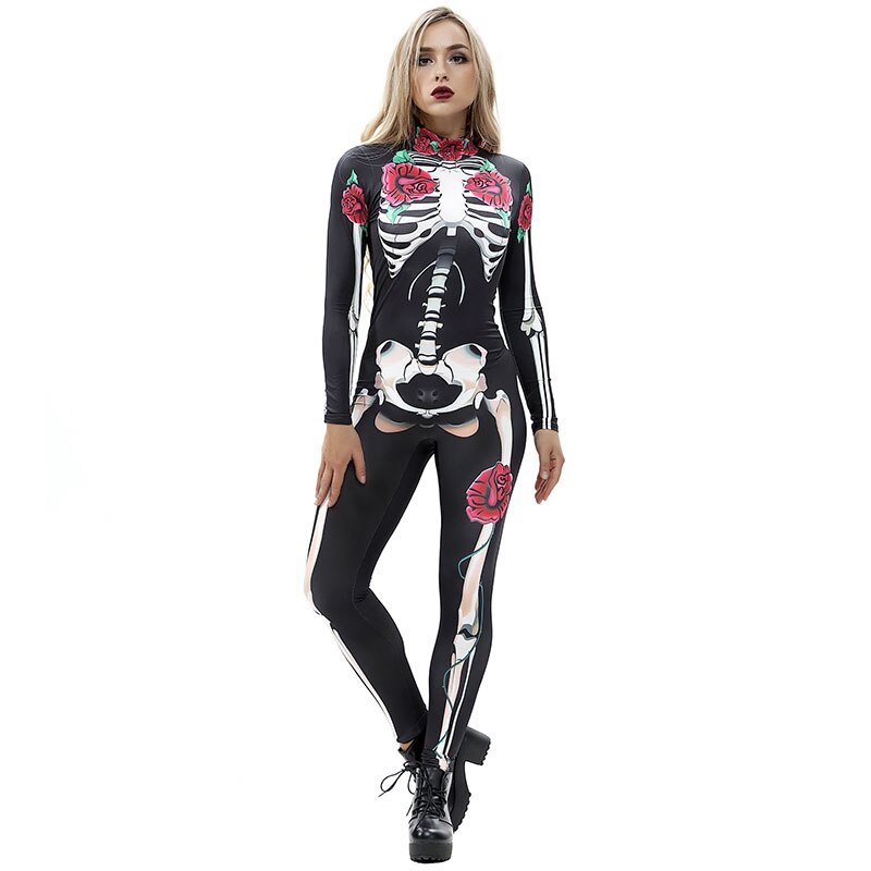 Scary Halloween Skeleton Bone Print Costume Adult Women Horror Carnival Blood Catsuit Jumpsuit X Ray Long Sleeves Bodysuit