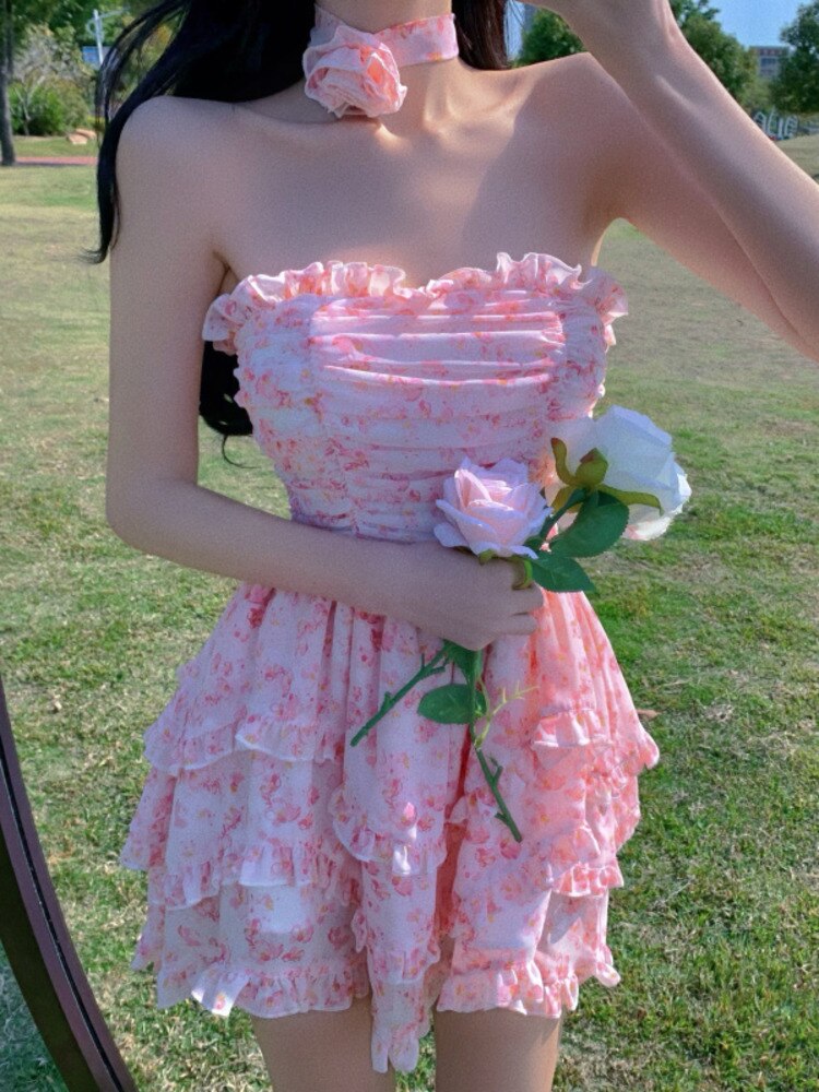 Casual Strapless Sexy Summer Dresses For Women 2022 Korean Floral Print Chiffon Beach Holiday Mini Dress Elegant Party Dress