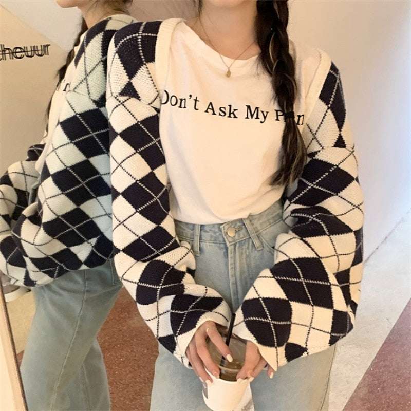 Lizakosht Lattice Sweater Coat Women's Autumn Winter New Korean Style Retro Loose-fitting Short Knitted Cardigan Streetwear