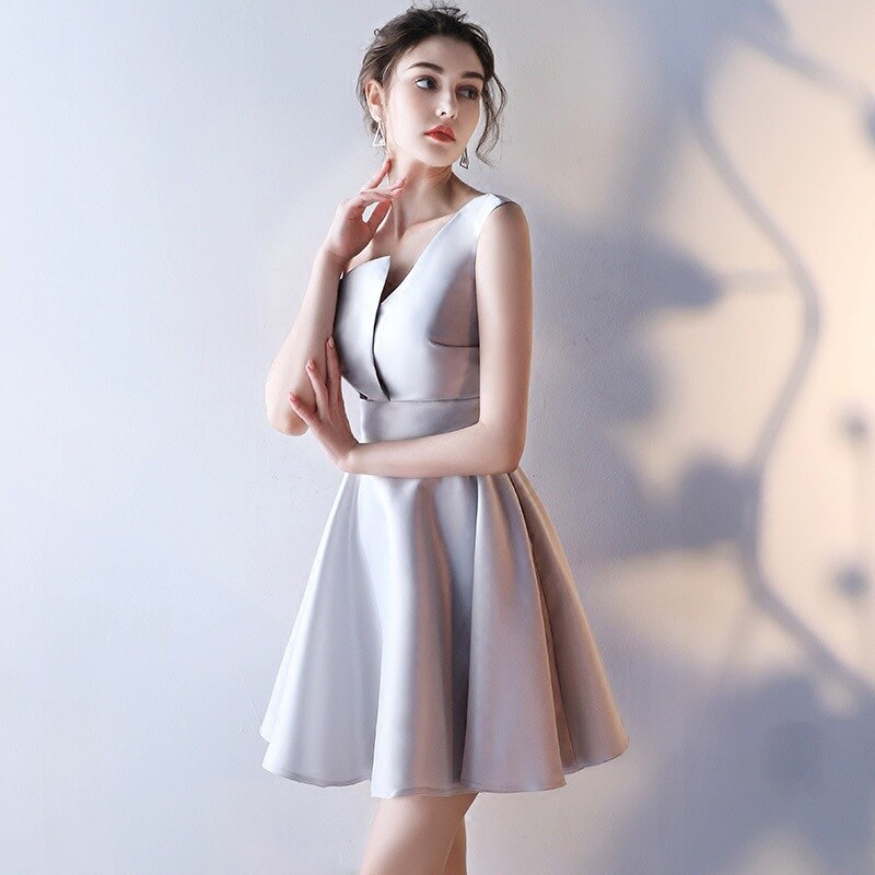 Sexy V Neck Bridesmaid Dress Luxury Satin Dresses For Weddings Woman Guest Solid Color Short Birthday Party Dress 6 Colors