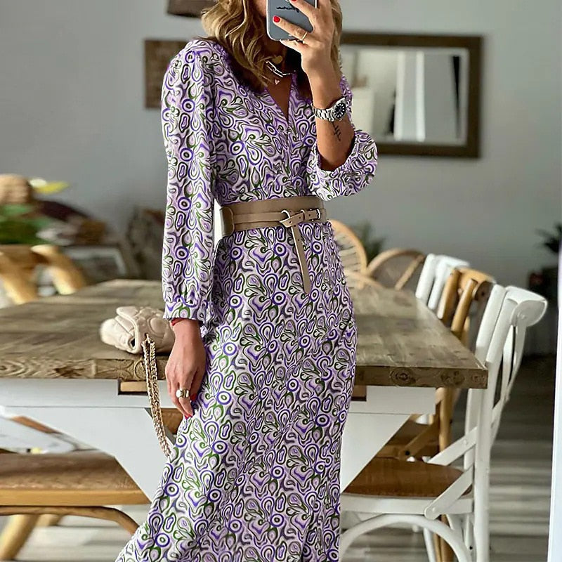 New Autumn Pattern Print Waisted Party Dress Elegant Casual V Neck Long Sleeve Dress Spring Commute Slim A-Line Boho Maxi Dress